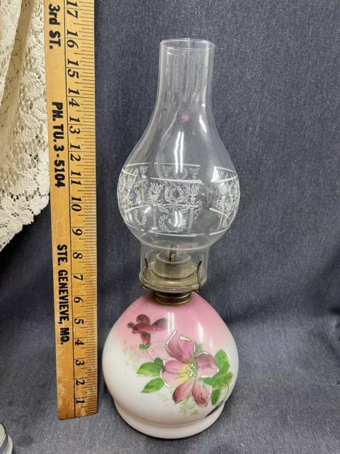 Antique Kerosene Oil Lamp Milk Glass Font W/ Hand Painted Pink Flowers 16” Tall