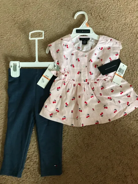 2 Piece Set Tommy Hilfiger Girls Cherry Print Dress and Navy Pants Size 12M