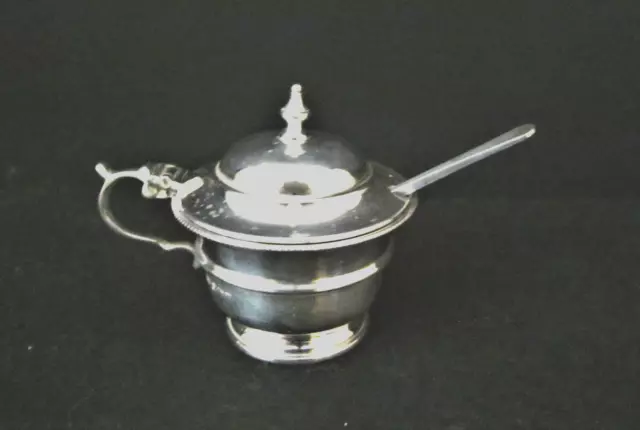 1939 Sheffield-Sterling Silver Mustard Pot w/Cobalt Glass Liner-E.Viners/w Spoon