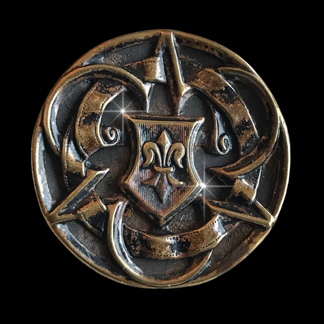 Victorian Vintage Antique Brass Button Shield Fleur-De-Lys Shield and Ribbons