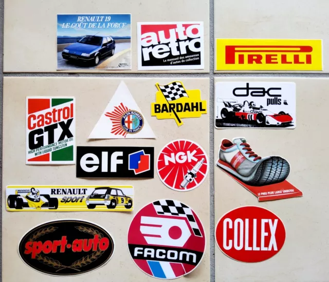 lot 14 autocollant voiture RENAULT NGK PIRELLI UNIROYAL ELF COLLEX FACOM retro