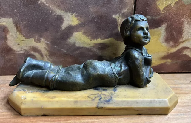 Sculpture en Bronze Socle Marbre de Sienne Statue d’Enfant XIXe