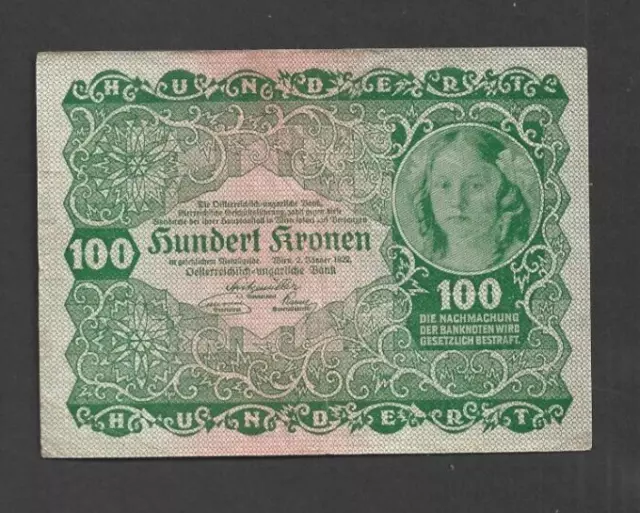 100 Kronen Very Fine  Banknote From Austria 1922  Pick-77