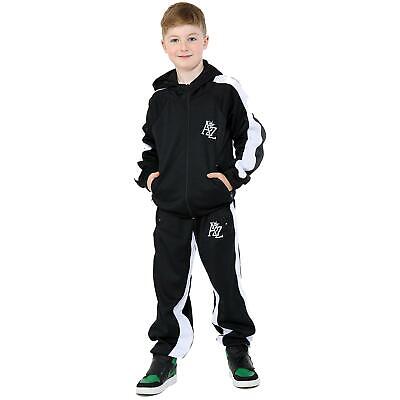 Kids Girls Boys Tracksuits Contrast Panel Black Hooded Top Bottom Gym Jogg Suits
