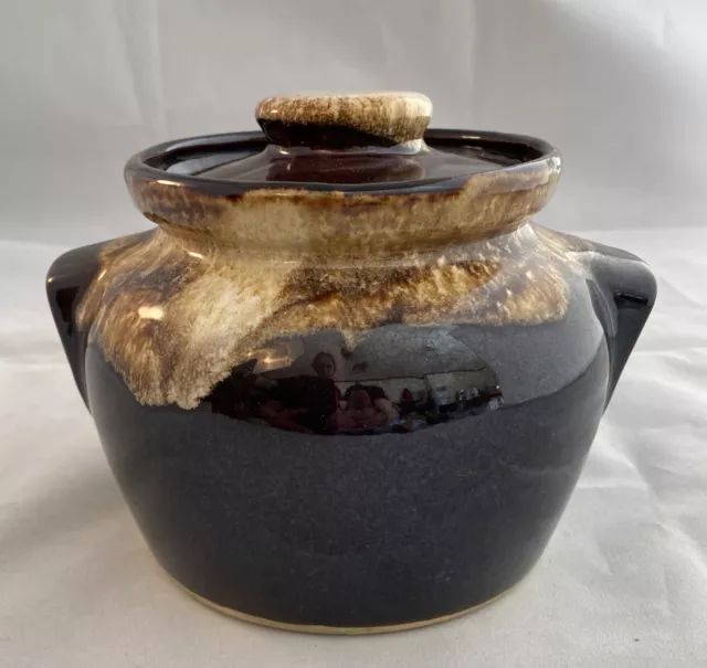 Vintage Brown Drip Glaze Pottery Bean Pot w Lid Marked USA 5 3/4" Tall x 7"Round