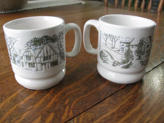 2 Vintage Stoneware Mugs England Winter Scene of English Cottages 2