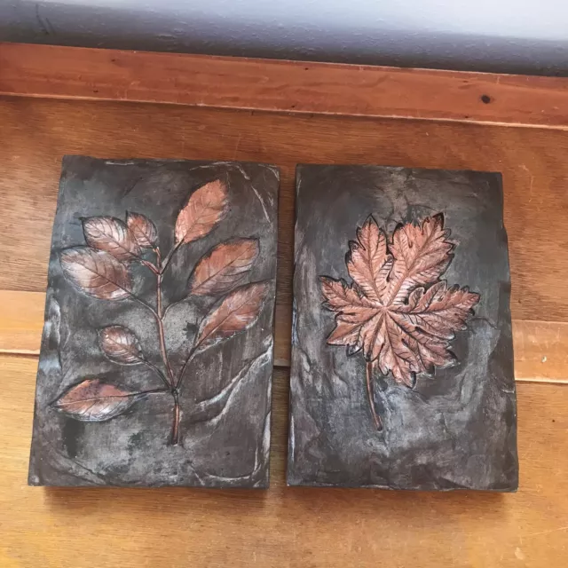 Estate Lot of 2 Thick Faux Dark Carved Wood w Copper Painted Embossed Leaves Wal