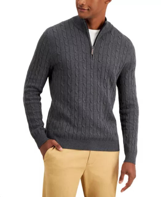 CLUB ROOM MEN’S Cable Knit Quarter-Zip Cotton Sweater, Charcoal, XX ...