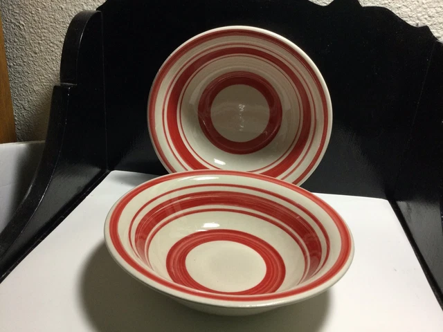 Set of 2 Royal Norfolk Soup/Cereal/Salad Bowls Oatmeal Color w/Red Inside Stripe
