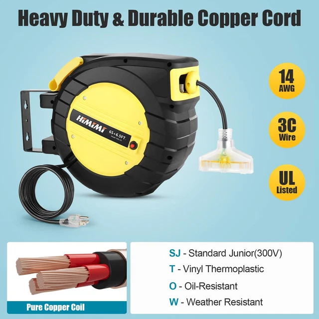 65FT RETRACTABLE EXTENSION Cord Reel Ceiling/Wall Mount Heavy Duty