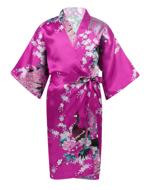 Girl's Peacock Floral Kimono Robe Dressing Gown Satin Bathrobe for Spa Party