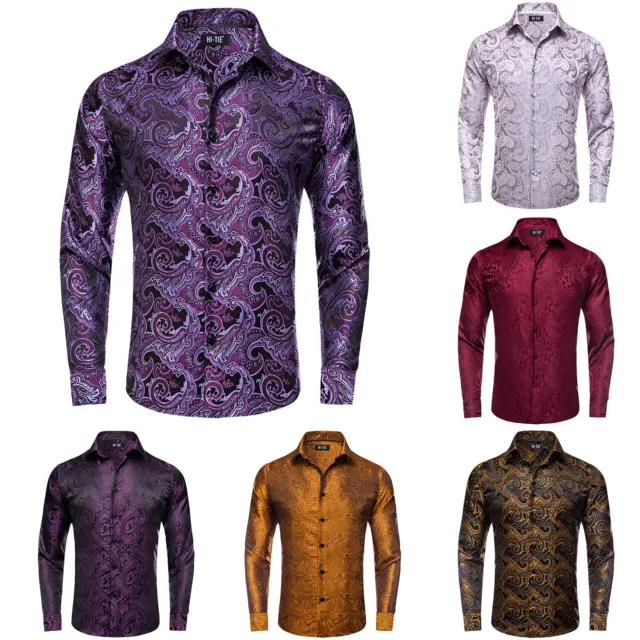 Mens Shirts Paisley Floral Long Sleeve Button Down Dress Silk Shirt Slim S-XXXL