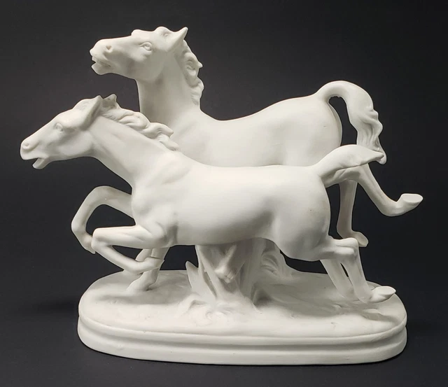 White Bisque Porcelain Horse Statue Germany 2 Horses Galloping EUC Vintage