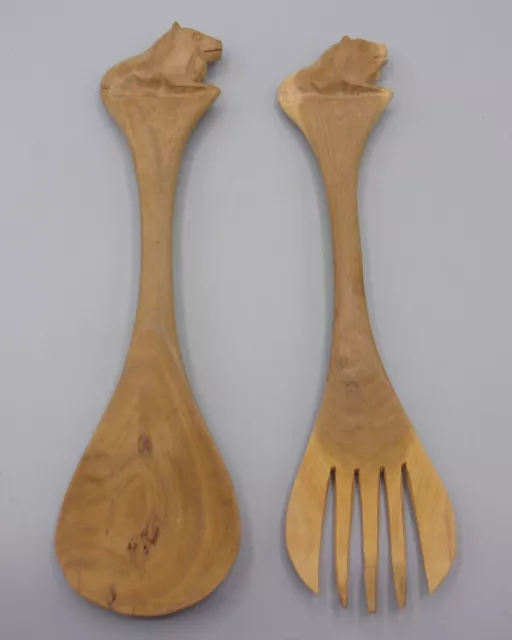 Wooden Hand Carved Vintage Lion Handle Salad Servers -Spoon & Fork