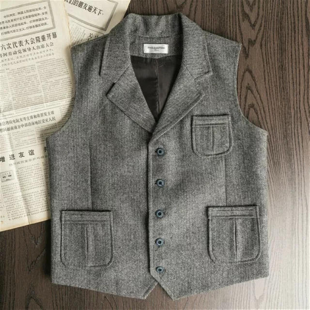 Uomo Tweed Gilet Rétro a Spina di Pesce Canotta Misto Lana Bavero Gilet Tuta Top
