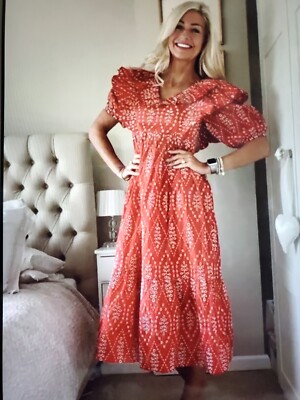 Zara Woman Puff Sleeves Midi Dress With Cutwork Embroidery Red 0881/118 New