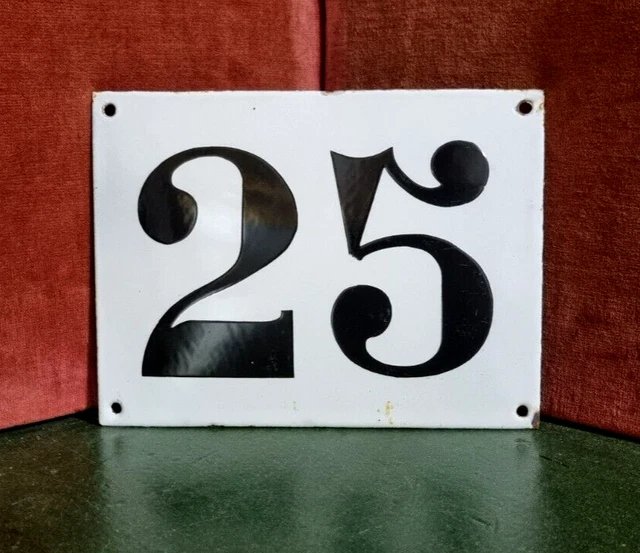 French vintage large domed enamel house white raised number 25 for door , street