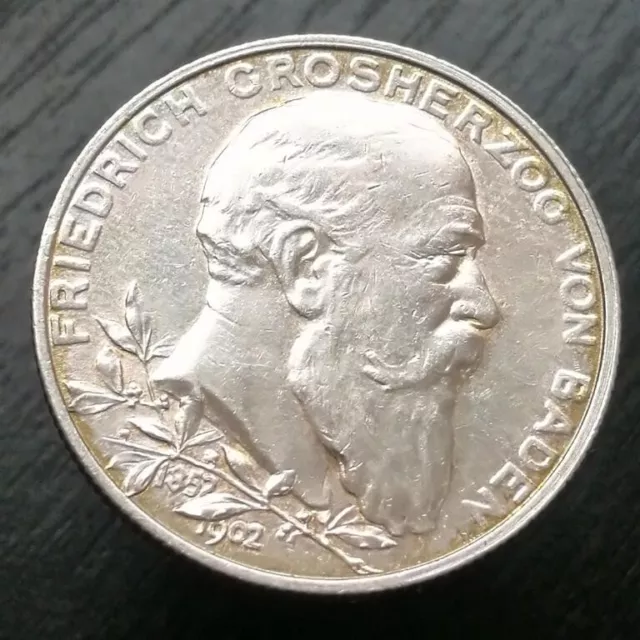 2 ZWEI Mark Deutsches Reich Friedrich Grosherzog von BADEN 1902  VZ+PATINA!