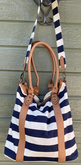 Large G.H. Bass Tote, Canvas, Navy Blue/White Stripes, Weekender, Vacation Bag
