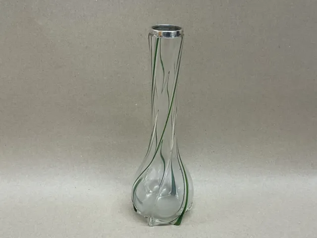 Antique Art Nouveau Sterling Silver Rim And Green Twist Glass Posy Vase