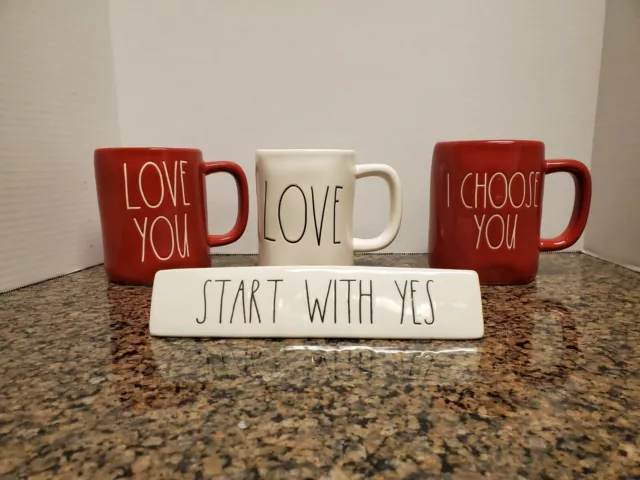 Four Piece Rae Dunn Lot. Three Mugs And Desk Plaque