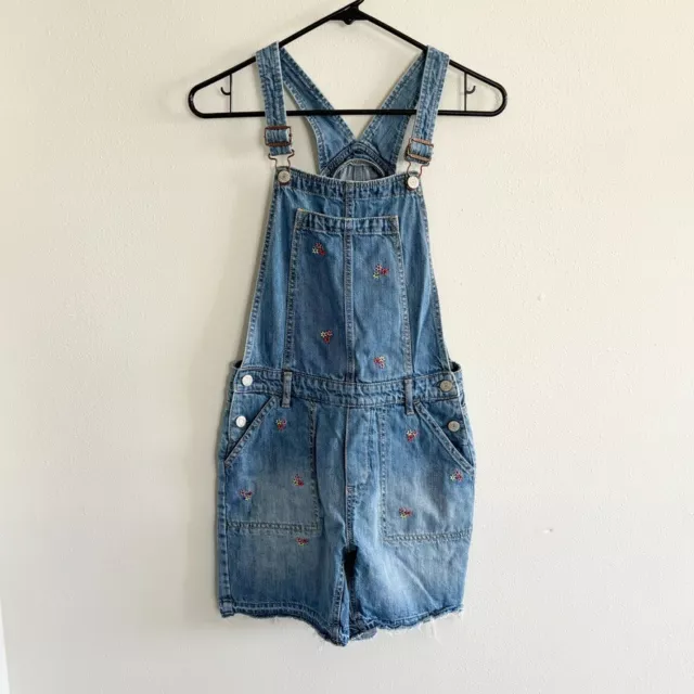 Gap Kids Blue Denim Jean Flower Embroidered Shorts Overalls Frayed Hem Size XL