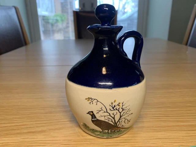 Vintage Blue Glazed Stoneware Pitcher/Jug,Hand-Painted Pheasant, P.F. Alexander