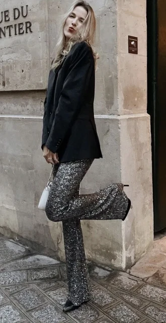 ZARA DARK SILVER Grey High Waist Sequinned Flared Leggings Wide