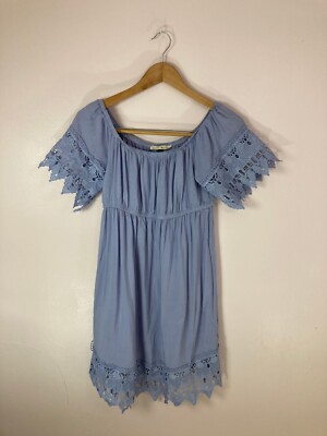 Haute Monde Women's Dress Large Shift Blue Off The Shoulder Rayon Short Sleeve