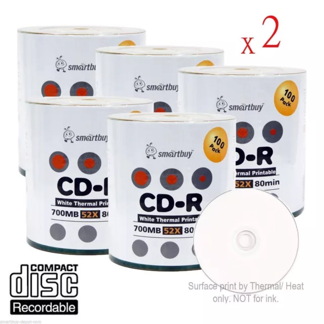 1000 SmartBuy Grade A+ CD-R 52X 700MB White Thermal Hub Printable Record Disc