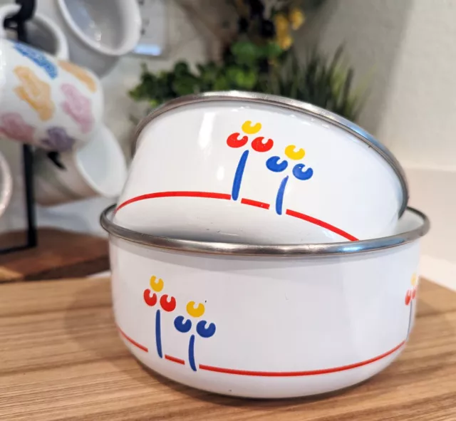 Vintage Enamel Riva Design Nesting Bowls - Tulips Set Of 2