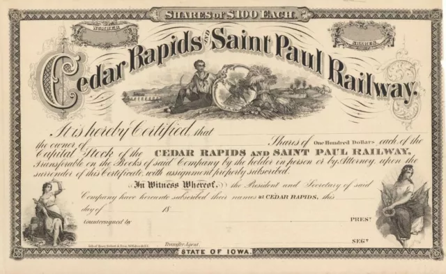 Cedar Rapids and Saint Paul Railway - Stock Certificate - Railroad Stocks