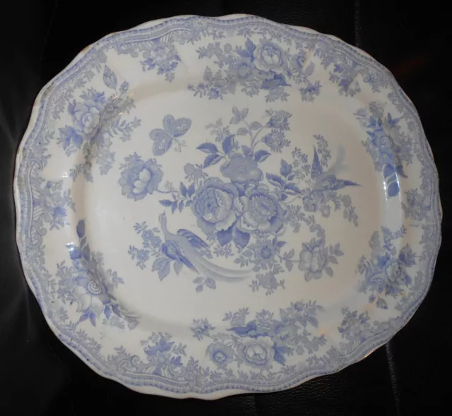 Large Antique Blue & White Asiatic Pheasants Pattern Pottery Oval Platter