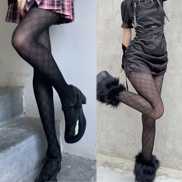 Women Thin Black Pantyhose Harajuku Punk Diamond Check Sheer Tights