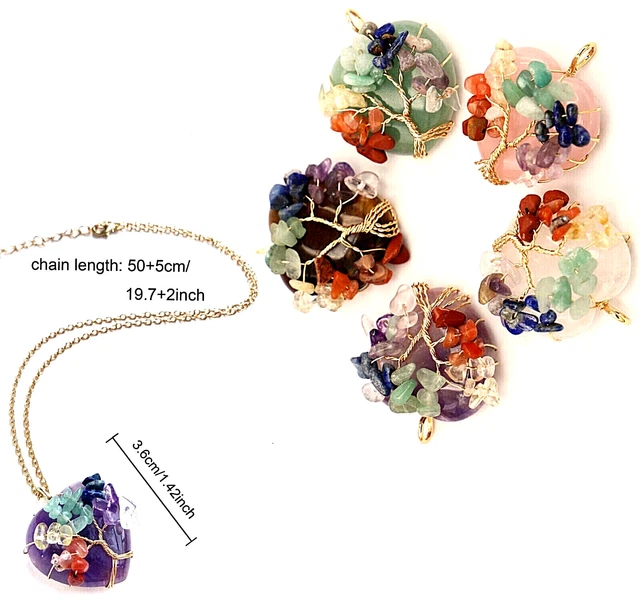 7 Stone Tree of Life Chakra Heart Amulet Gold Pendant Necklace Free Gift Bag