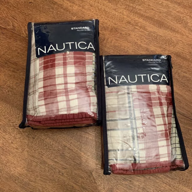 Set Of 2 Nautica Quilted Pillow Sham Harber Bill Plaid Standard Size 20”x26”