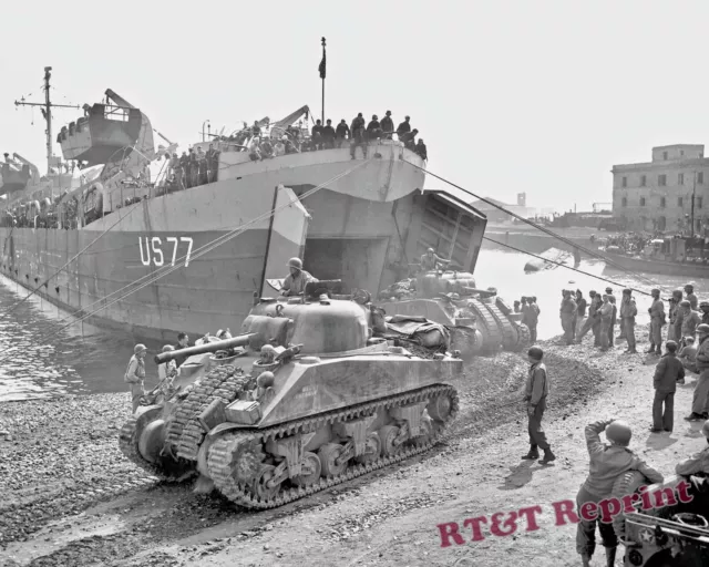 Photograph WWII LST US77 Tanks Debarking Anzio Italy US 5th Army 1944 8x10