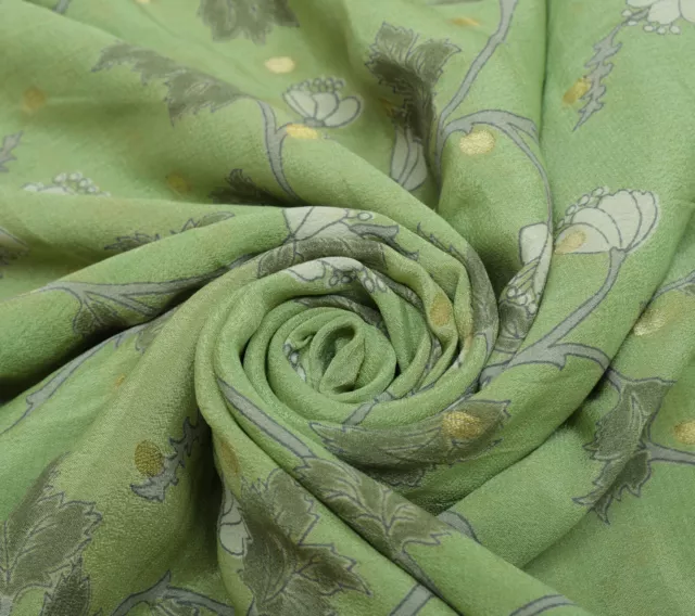 Sushila Vintage Green Saree 100% Pure Silk Printed Floral Soft 5 YD Craft Fabric