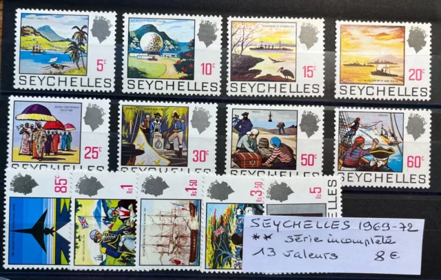 Timbres Seychelles 1969 - 72 Serie Incomplete 13 Valeurs Neufs ** Mnh