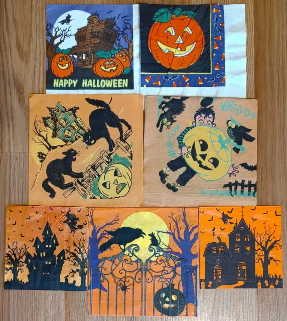 Vintage HALLOWEEN 7 Different Party Napkins Witch JOL Black Cat Haunted House