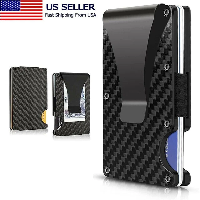Men RFID Blocking Money Clip Slim Carbon Fiber Credit Card Holder Metal Wallet