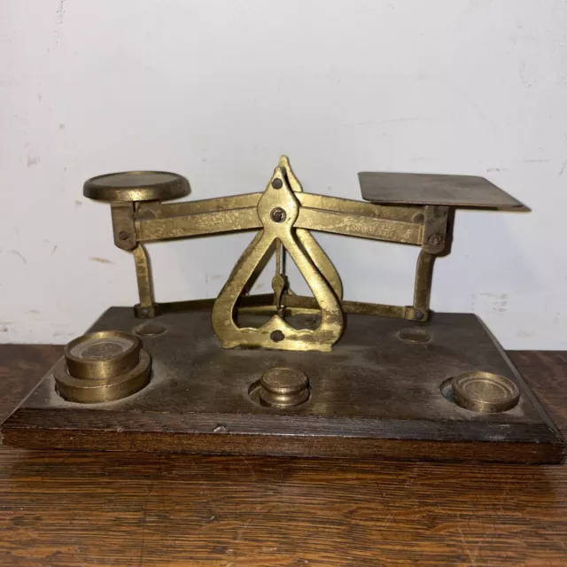 Vintage Warranted Accurate Brass Wood Postal Scale w/ 4 Weights Made In England