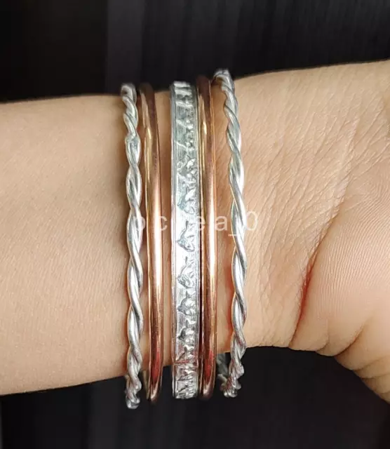 Juego de 5 brazaletes de cobre y plata de ley Brazalete liso, retorcido y...