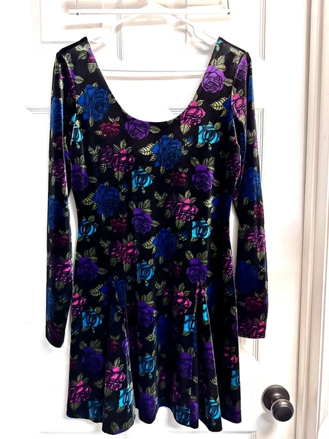 RARE Vintage 90s Y2K Betsey Johnson Velvet Floral Scoop Neck Stretch Dress L