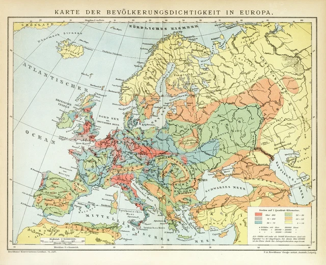 EUROPA BEVÖLKERUNGSDICHTE HISTORISCHE Landkarte alte Karte Lithographie