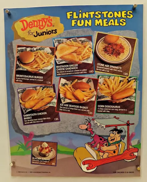 FLINTSTONES 1989 DENNYS PREMIUMS LOT 4pc MENU Table SIGN, Plush ORNAMENTS Barney 2