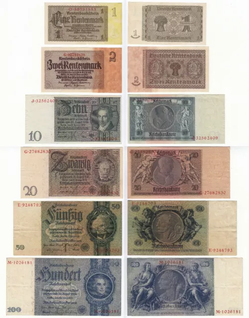 3.Reich, Banknotenlot in den Werten von:  1, 2, 10, 20, 50, 100 Reichsmark #1553