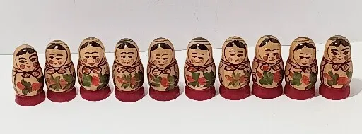 Vintage Wooden Russian Matryoshka Dolls Set Of 10 2" Hand Painted Solid Dolls