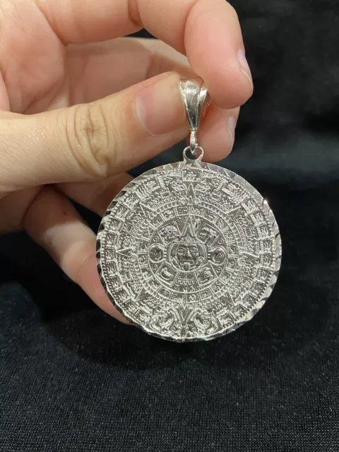 925 Sterling Silver Men's Womens Diamond Cut Aztec Mayan Calendar Medal Pendant
