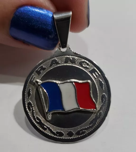 Vintage 925 Sterling Silver Enamel France 🇫🇷 Flag Disk Charm / Pendant